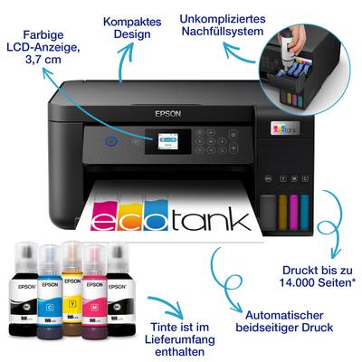 Imprimante Epson EcoTank avec système de recharge et écran LCD. Imprime 14 000 pages. Contient de l'encre. Design compact pour une impression efficace.