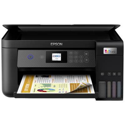 Une imprimante noire avec un document contenant des graphiques et du texte dans le bac de sortie. Le panneau de commande affiche un menu avec des options d'impression.
