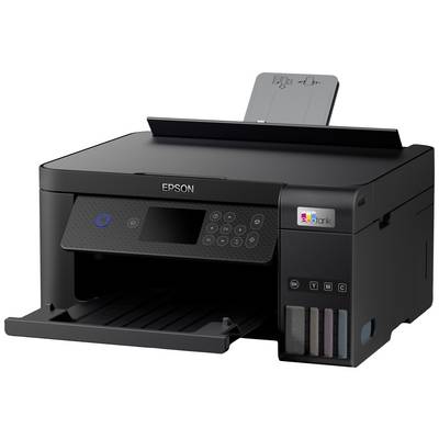 Imprimante multifonction Epson, noire, avec pavé tactile, chargeur de papier en haut et quatre réservoirs d'encre visibles sur le côté droit.