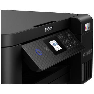 Un imprimante noire Epson avec un panneau de commande numérique, plusieurs touches et un écran de couleur à droite.