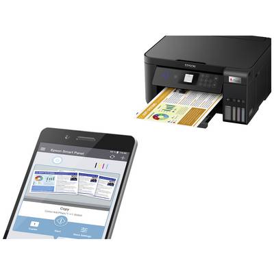 Une imprimante imprime un document en couleur. À côté, un écran de smartphone affiche l'application d'impression avec des options de contrôle.