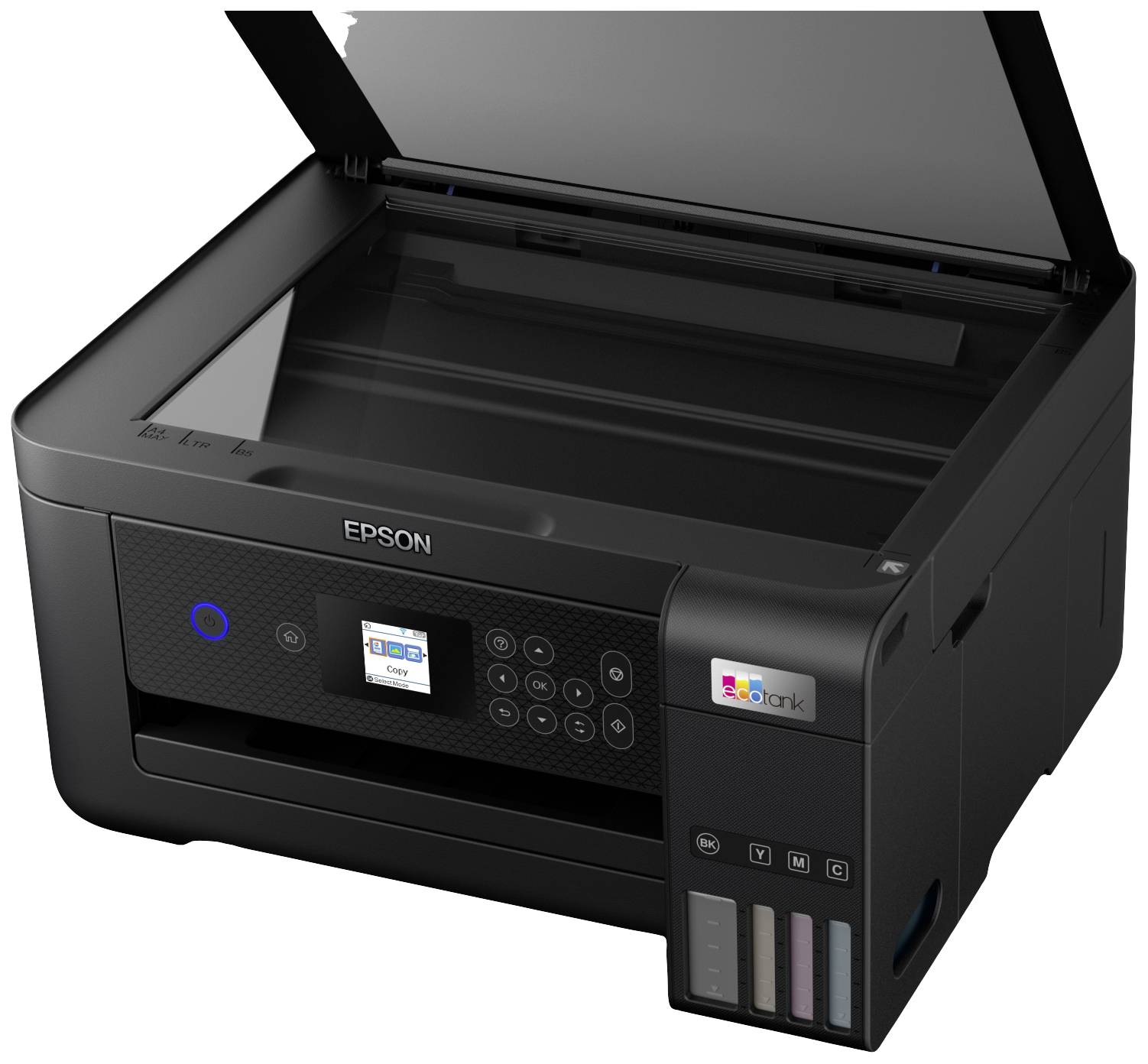 Un imprimante Epson avec le compartiment du scanner ouvert, un panneau de commande éclairé et des réservoirs d'encre colorés sur le côté droit.