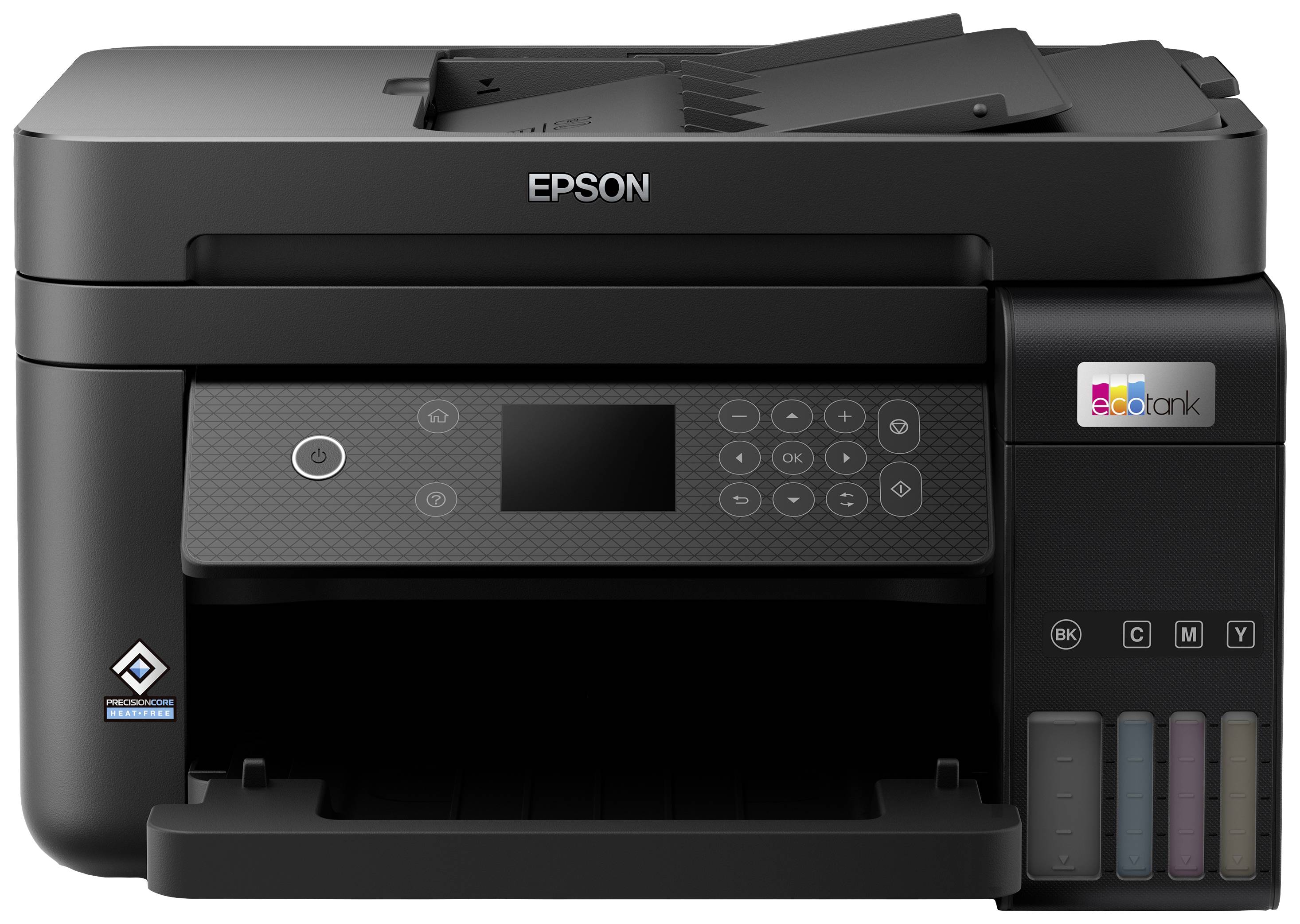 Un imprimante noire Epson avec un panneau de commande tactile et des réservoirs d'encre visibles à l'avant.