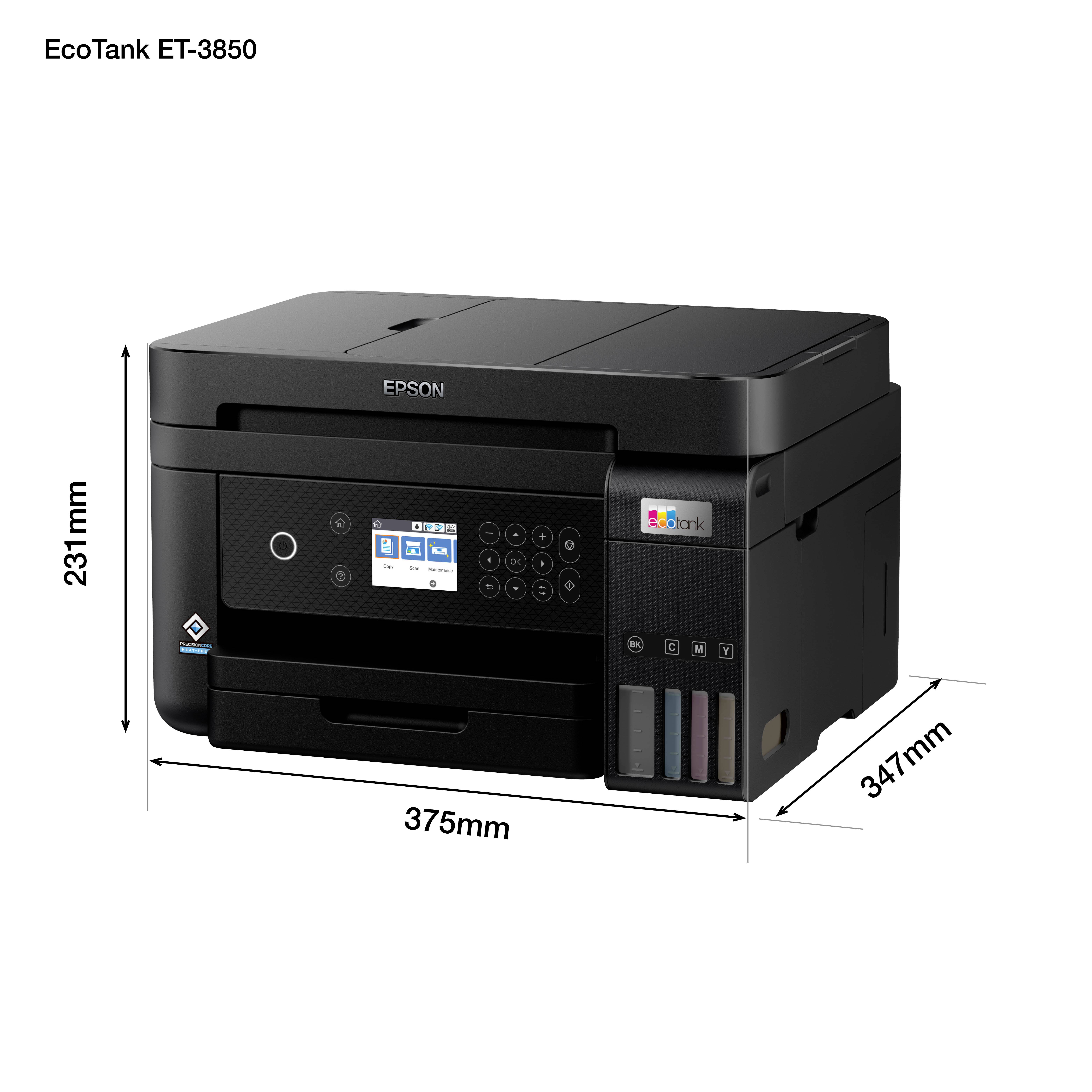 Imprimante Drucker EcoTank ET-3850 avec dimensions : largeur 375 mm, hauteur 231 mm, profondeur 347 mm. Design noir avec touches de commande et réservoirs d'encre.