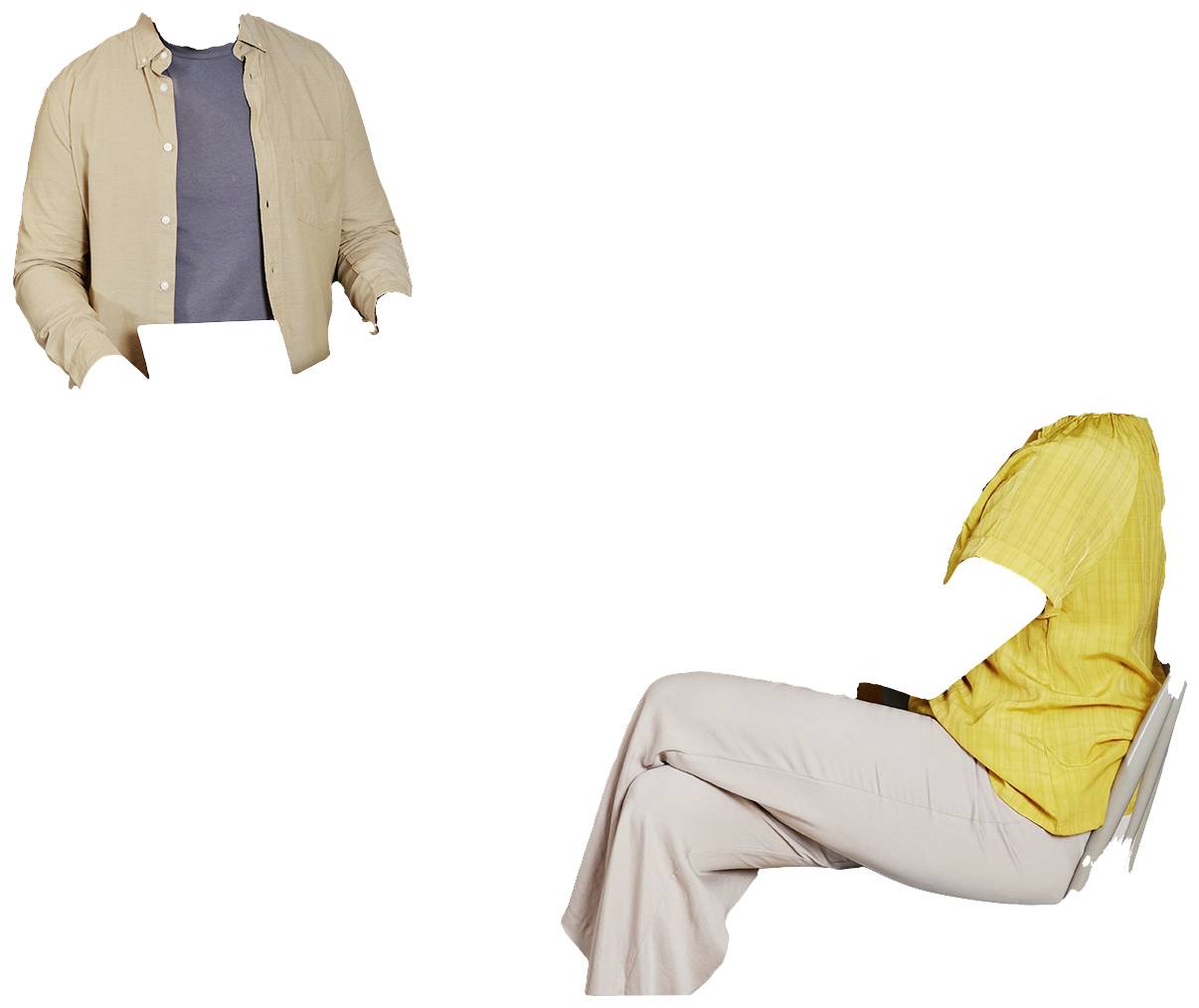 Deux personnes invisibles sont assises et debout, seuls leurs vêtements sont visibles. L'une porte une chemise jaune, l'autre une chemise beige.