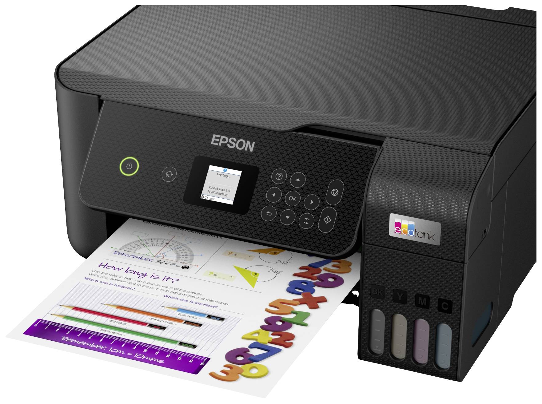 Une imprimante noire Epson imprime une feuille colorée avec des chiffres et des graphiques. L'imprimante possède un écran numérique et six boutons.