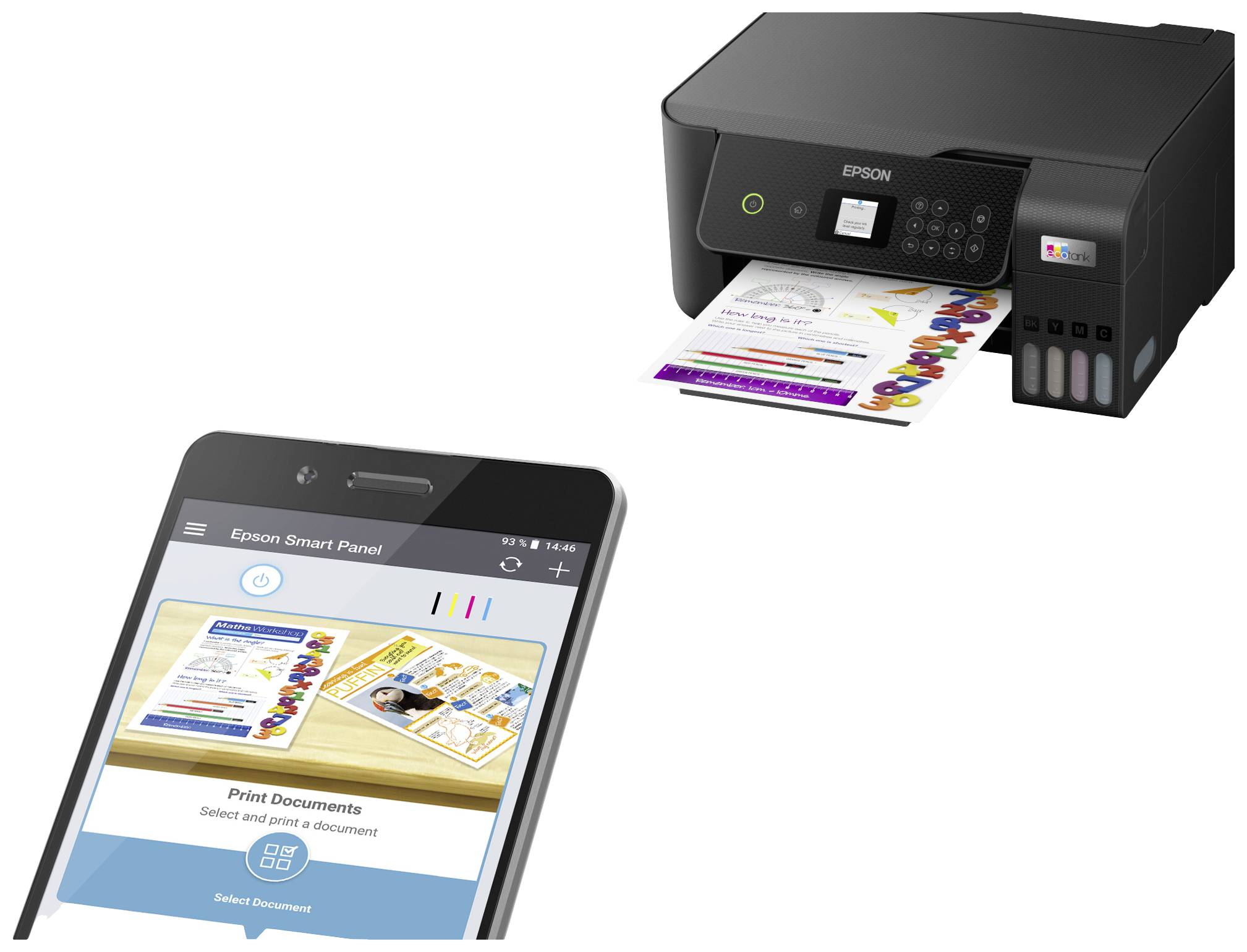 Une imprimante éjecte une feuille imprimée. Un smartphone affiche l'application 'Epson Smart Panel' avec des options d'impression.