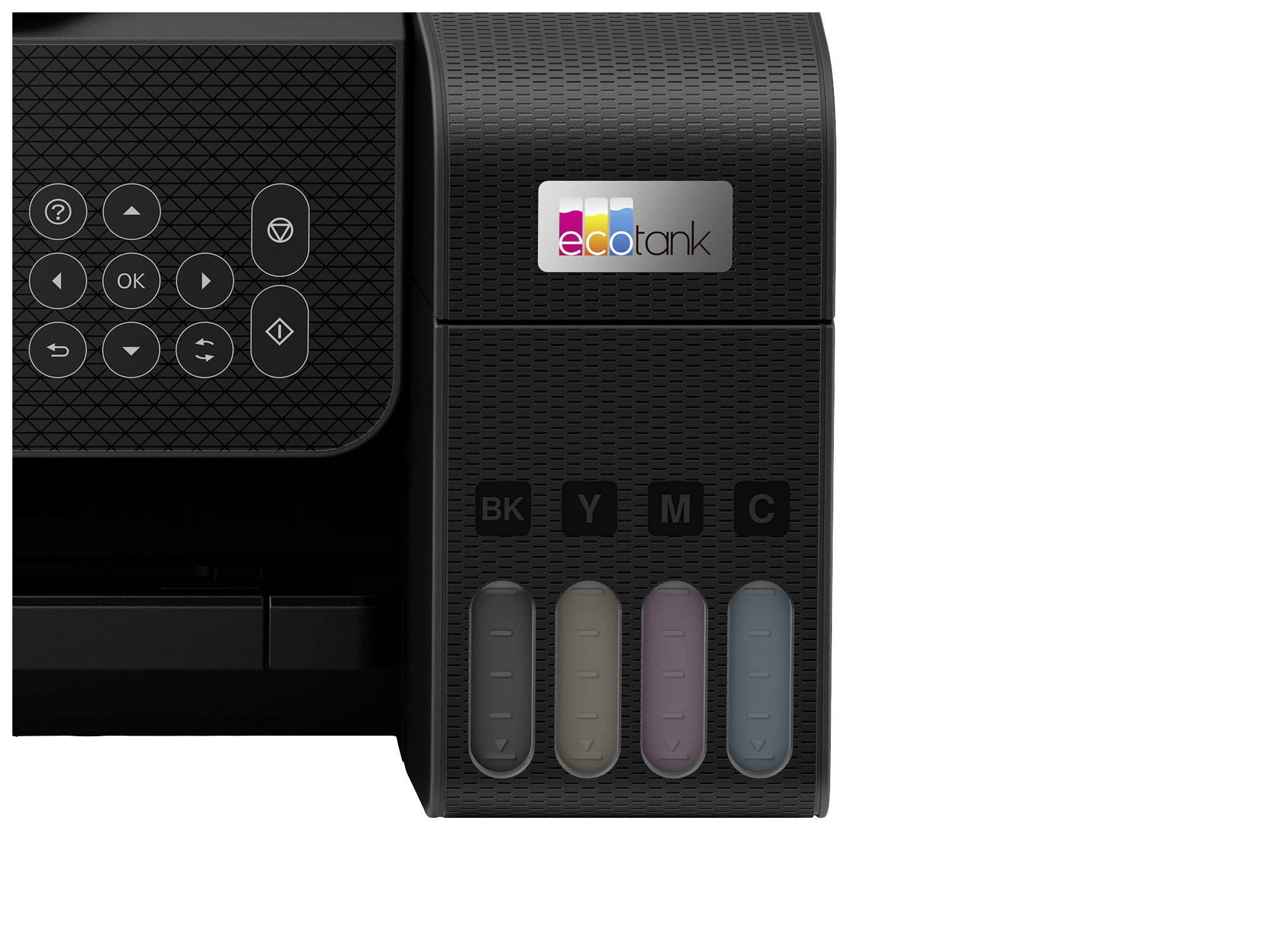 Réservoir d'encre de l'imprimante avec quatre compartiments indicateurs de couleur, identifiés comme BK, Y, M, C, indiquant le niveau d'encre.