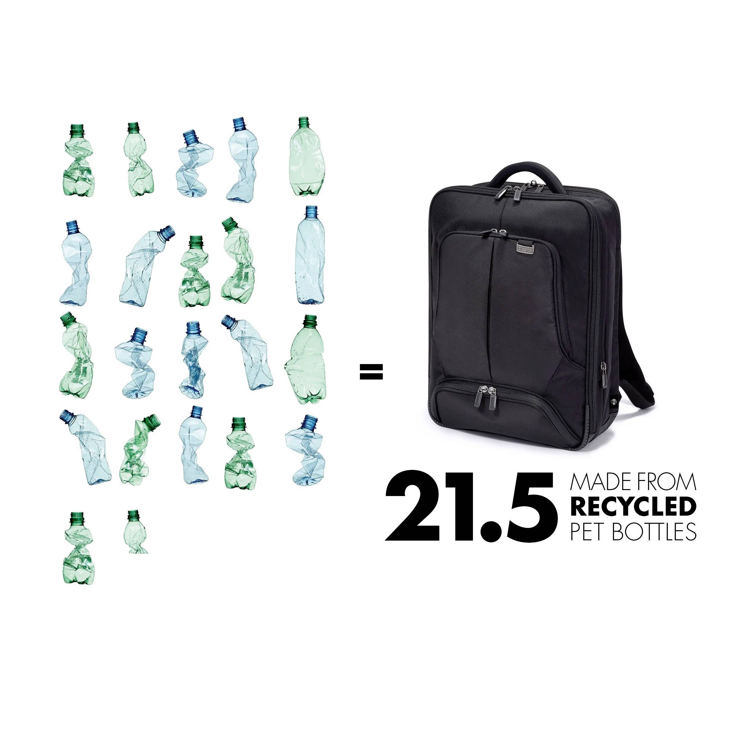 '21,5 bouteilles PET recyclées = 1 sac à dos.' À gauche, des bouteilles écrasées, à droite un sac à dos noir.