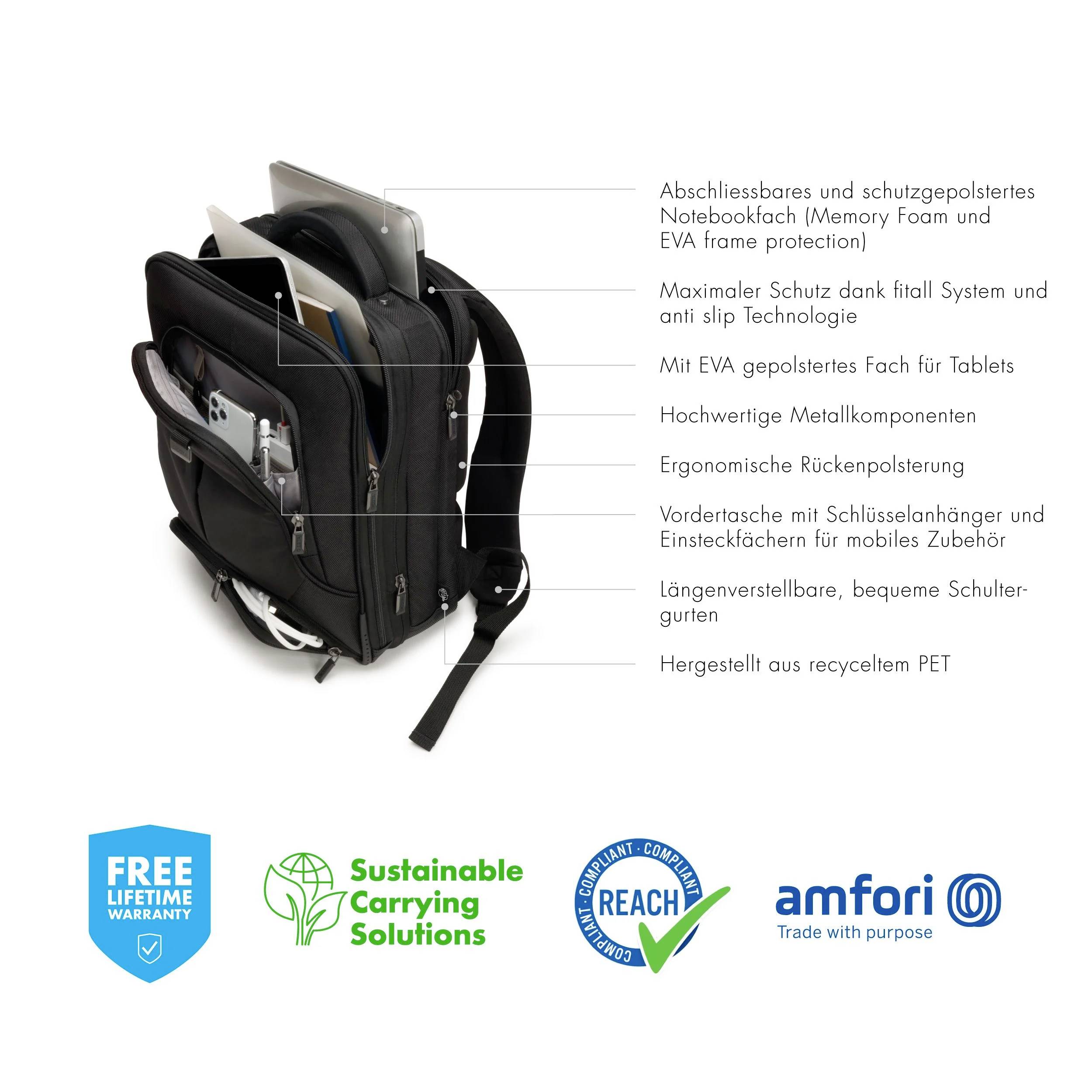 Sac à dos noir avec de nombreux compartiments pour ranger en toute sécurité votre ordinateur portable et votre tablette. Fabriqué à partir de bouteilles en PET recyclées.