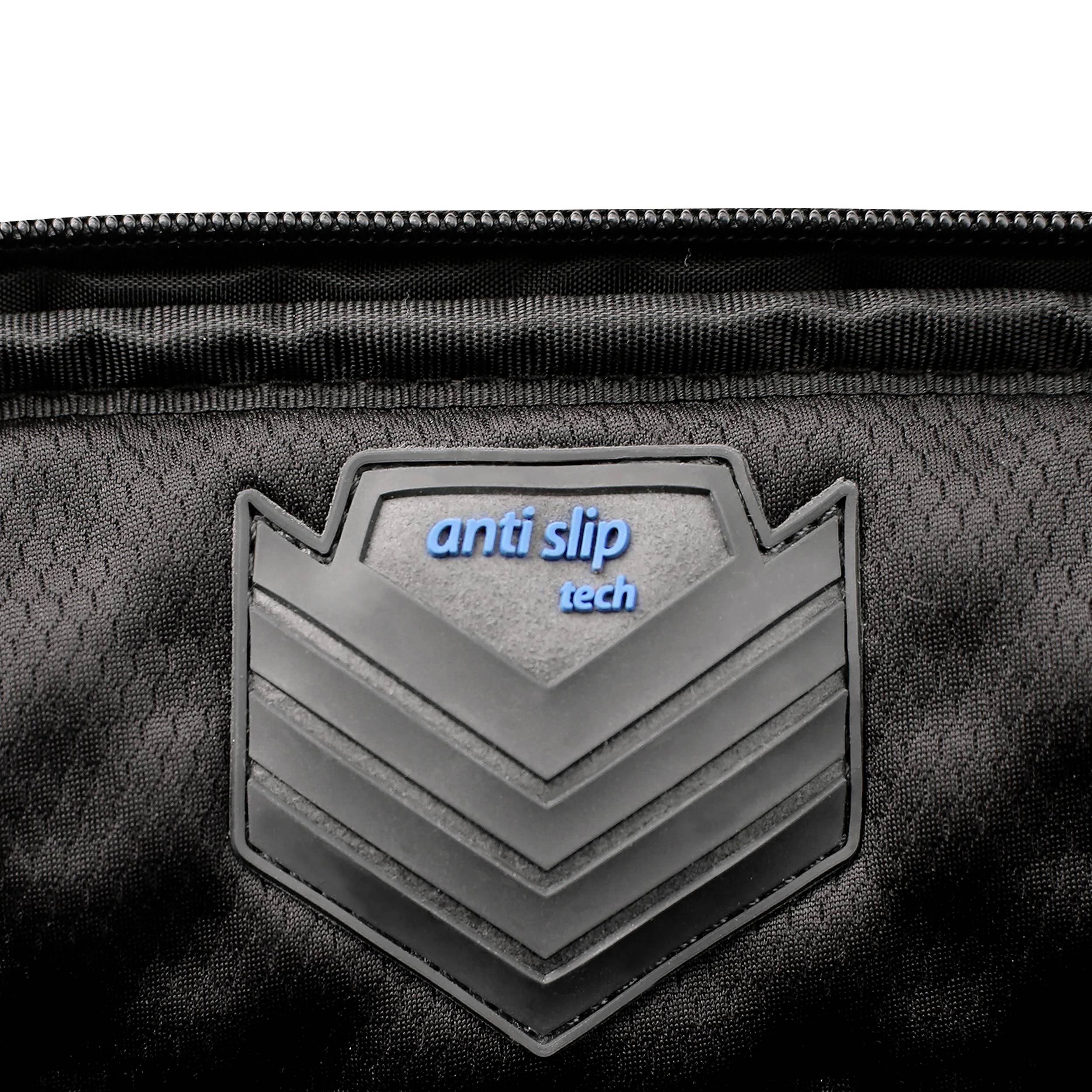 Un tissu noir avec une garniture caoutchoutée grise et une inscription bleue 'anti slip tech'.