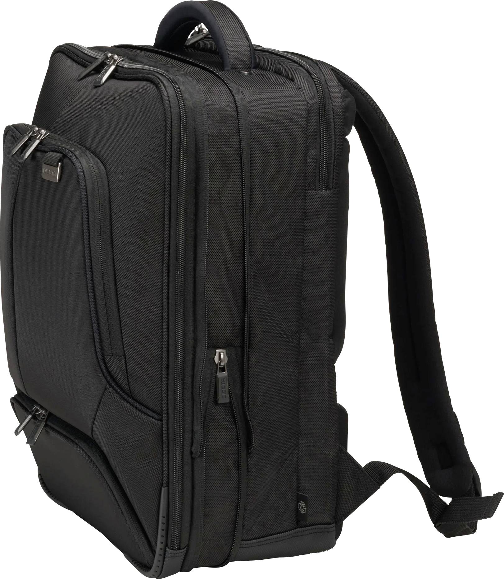 Sac à dos noir avec plusieurs fermetures à glissière et sangles d'épaules rembourrées, adapté pour le transport des ordinateurs portables et leurs accessoires.