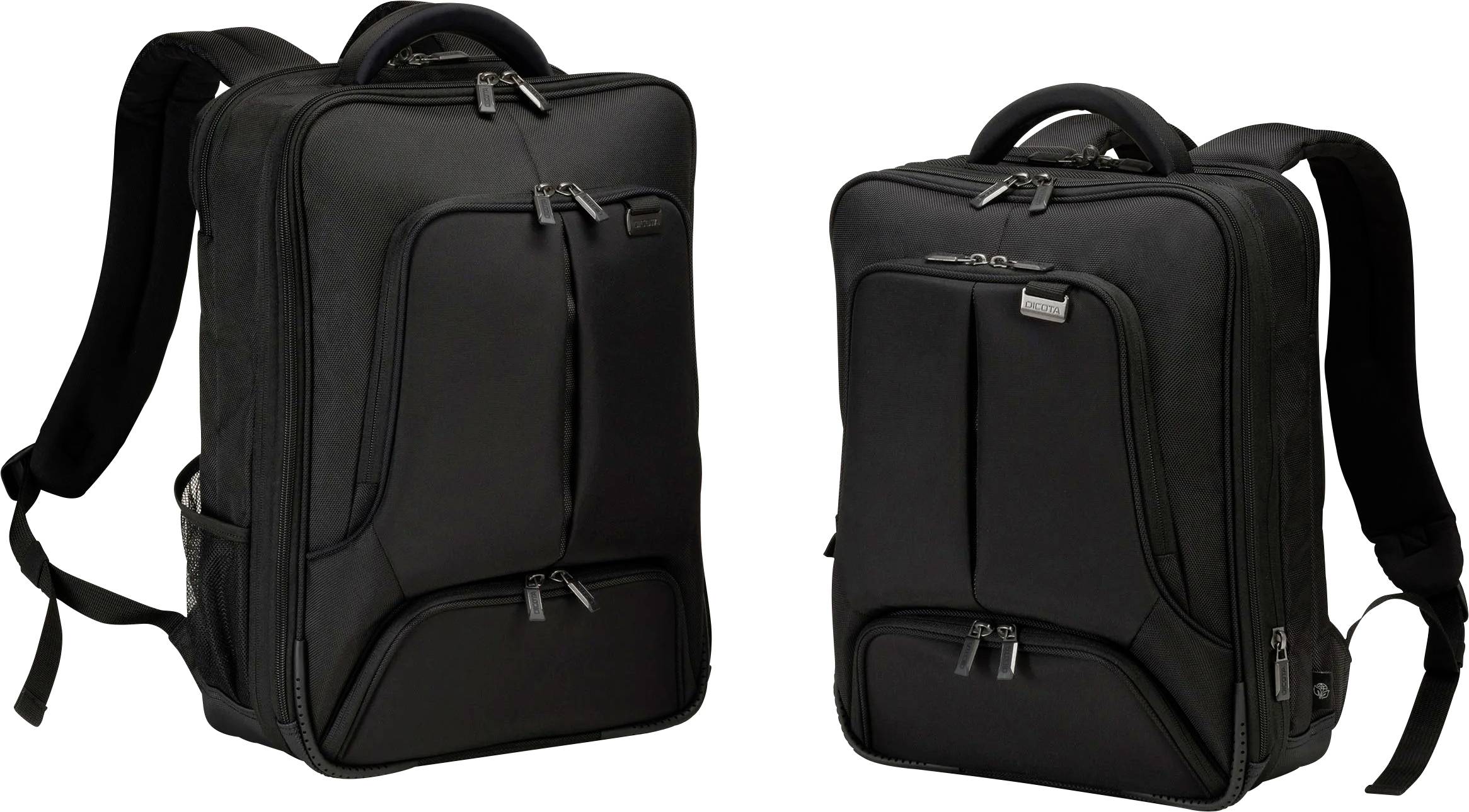 Deux sacs à dos noirs avec plusieurs poches à fermeture éclair et poignées de transport, placés côte à côte. Idéaux pour les voyages ou le travail.