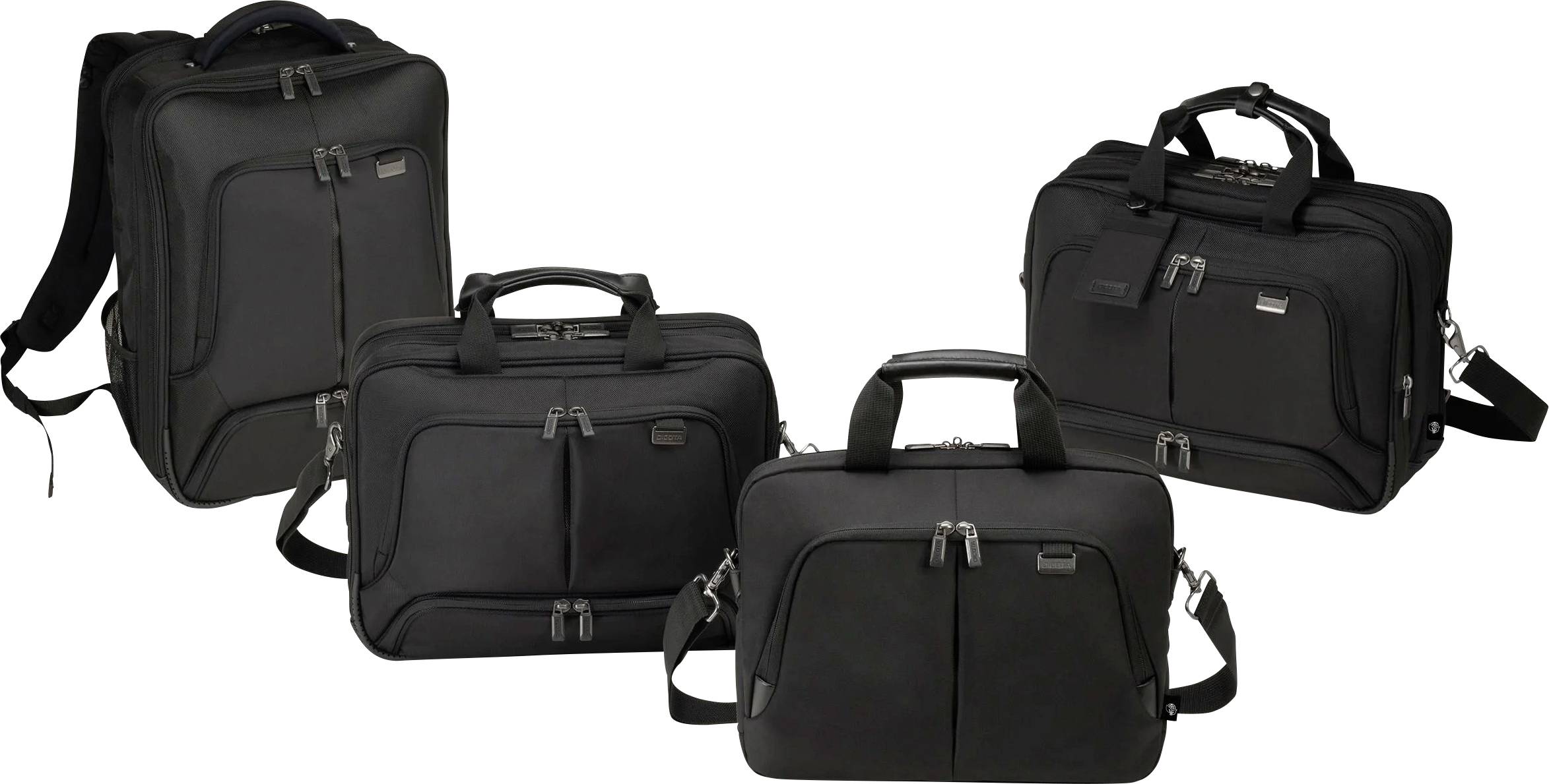 Quatre sacs noirs pour ordinateur portable, dont un sac à dos et trois sacoche, chacun équipé de fermetures à glissière et de poignées de transport.