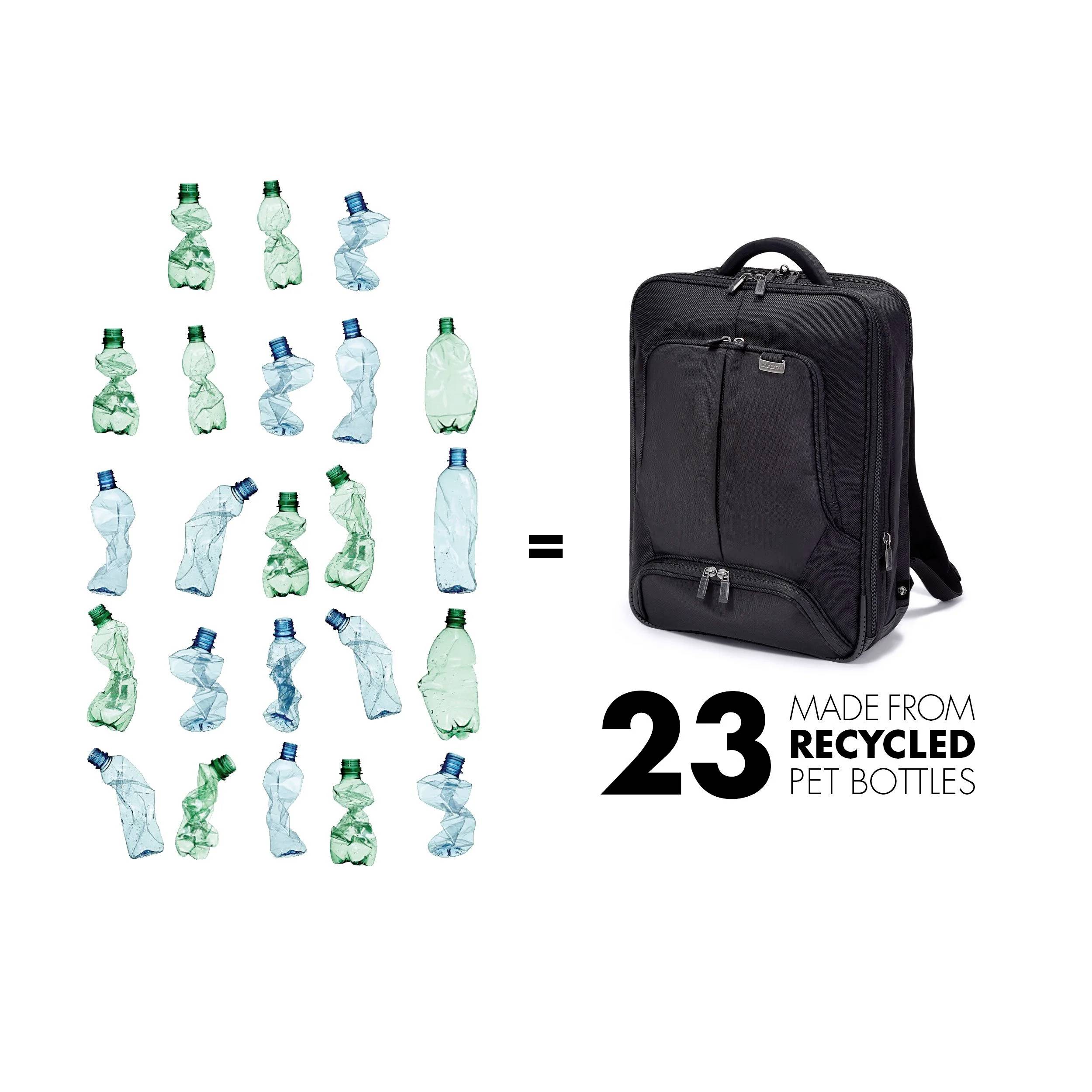 Un sac à dos fabriqué à partir de bouteilles PET recyclées montre une illustration de 23 bouteilles en plastique à côté d'un sac à dos.