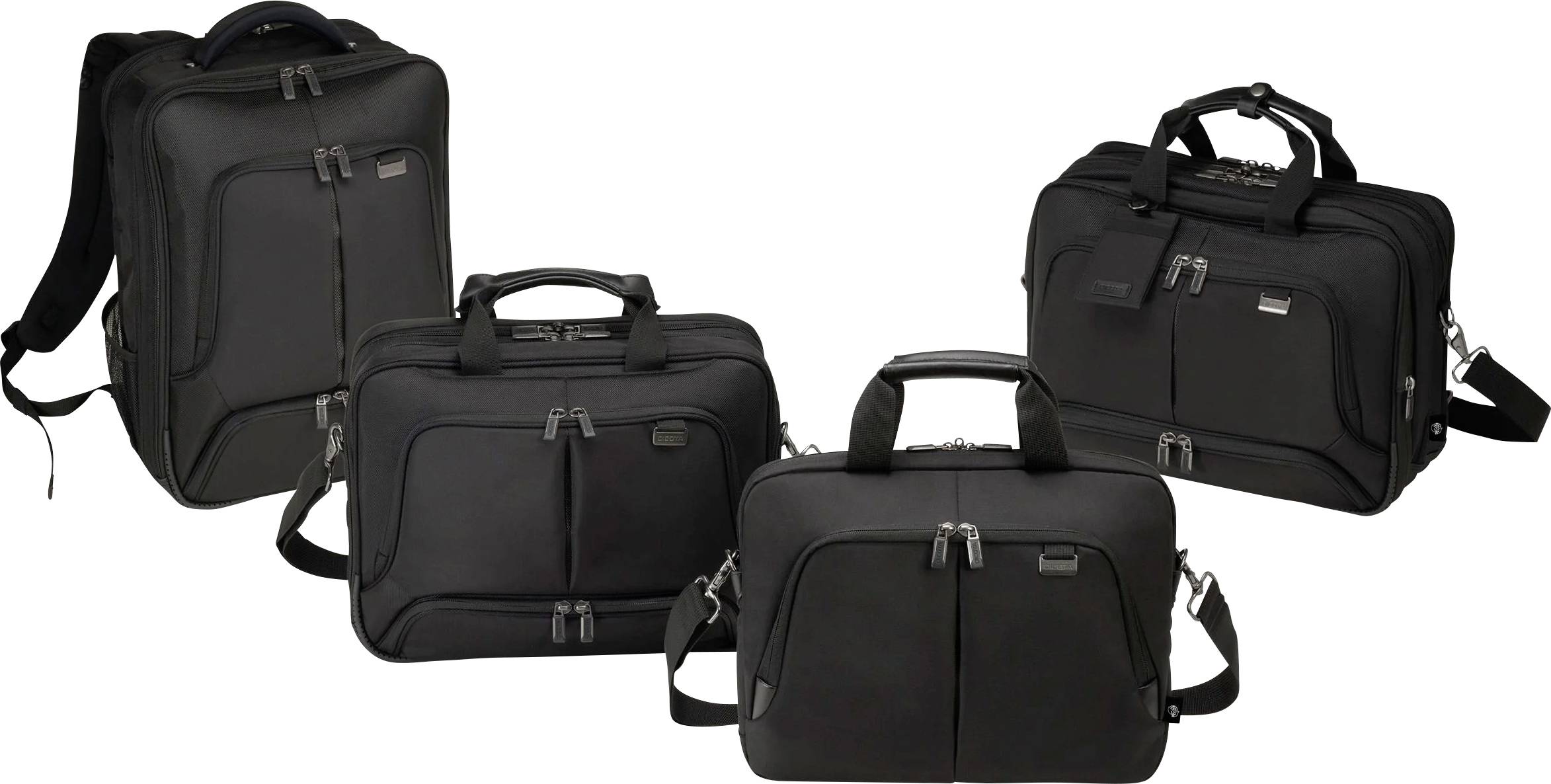 Quatre sacoche pour ordinateur portable noir de différentes tailles et designs, avec des poignées et des fermetures à glissière, disposées côte à côte.