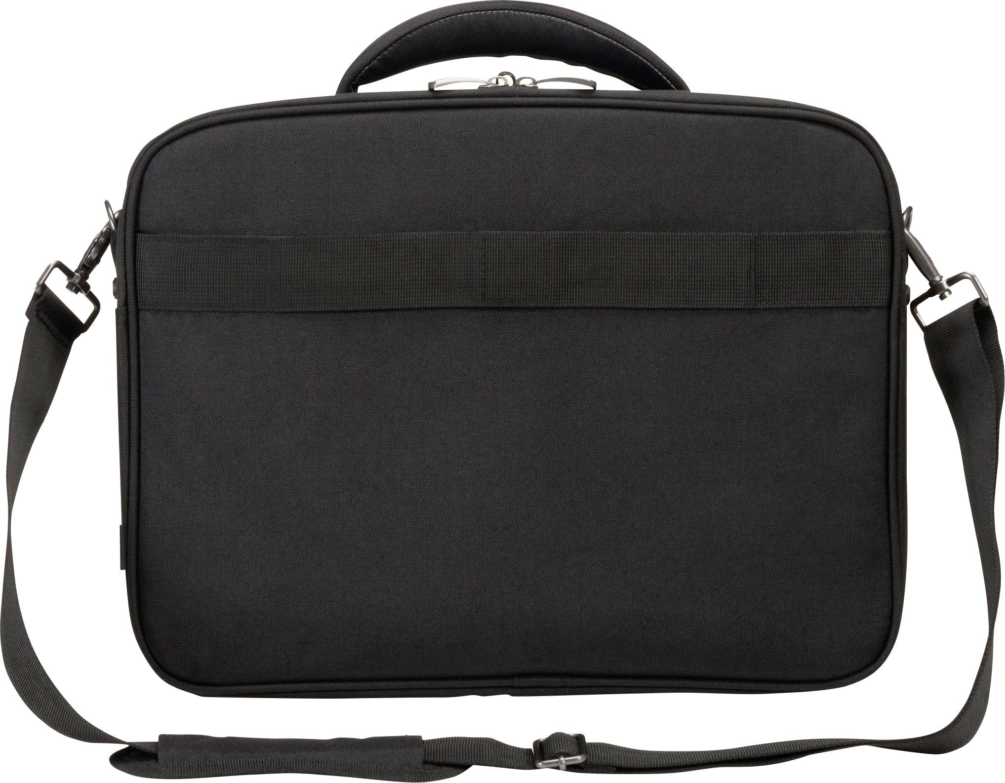 Un sac pour ordinateur portable noir en tissu, avec poignée de transport et bandoulière amovible.