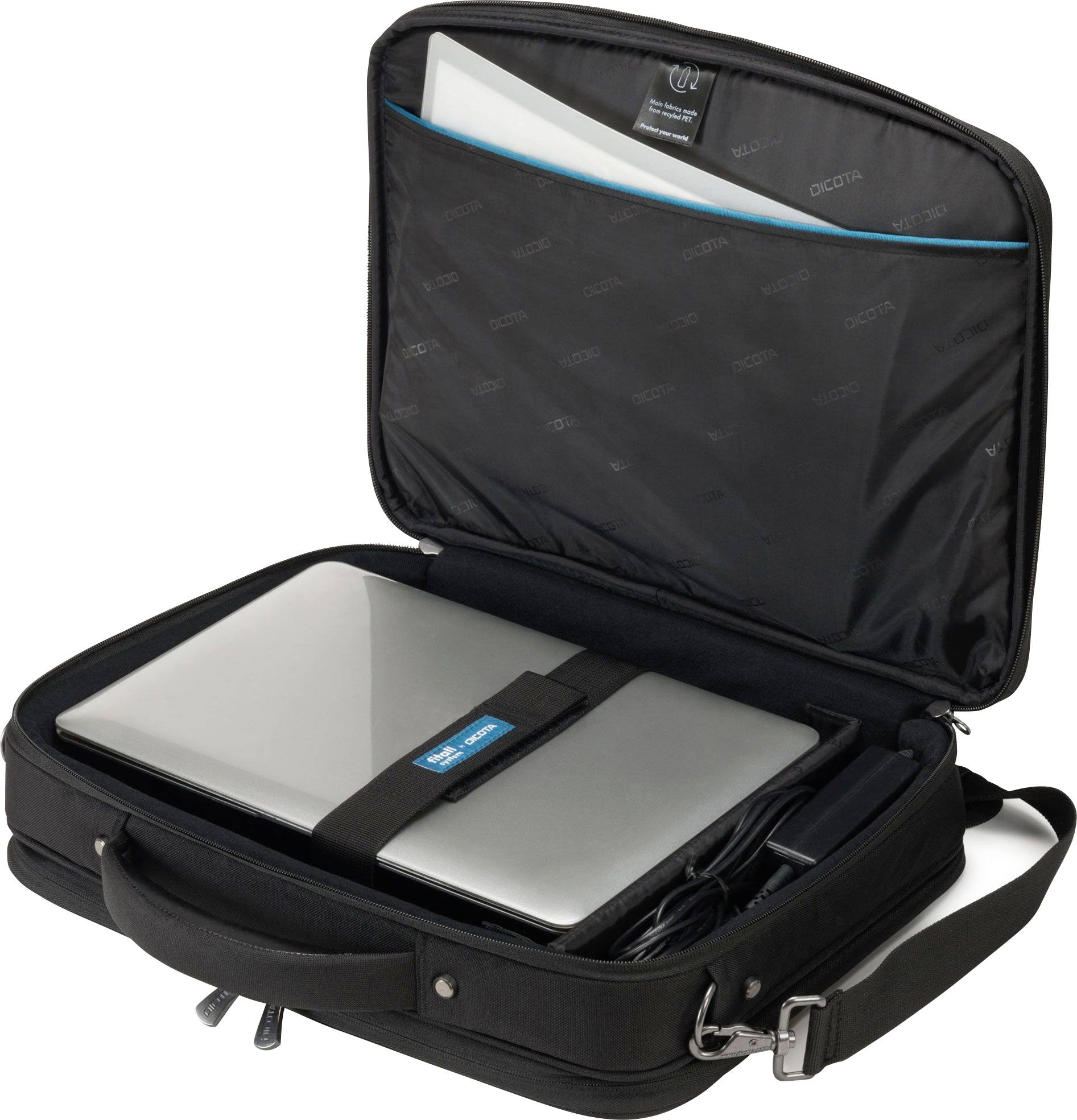 Un sac à ordinateur portable noir ouvert contenant un ordinateur portable et un compartiment pour documents avec une feuille de papier blanche.