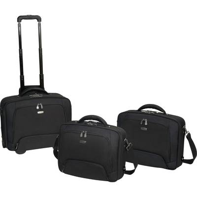 Trois sacoche d'ordinateur portable noires, dont une avec une poignée télescopique et des roues, les autres avec une poignée de transport et une bandoulière, sur un fond blanc.