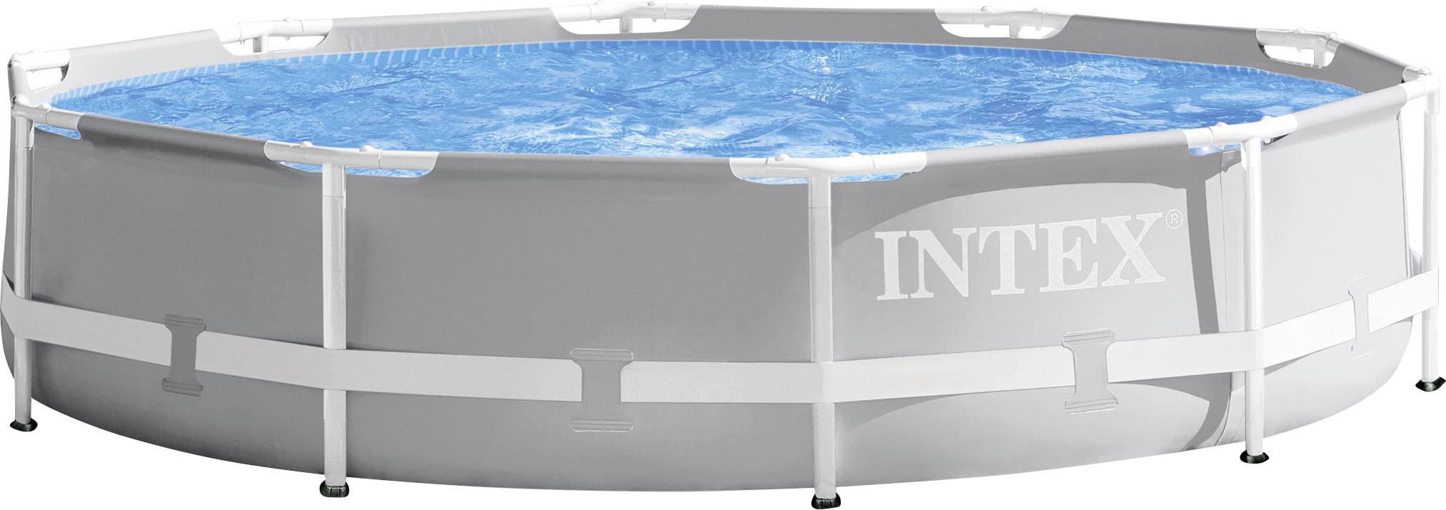 Une piscine hors sol ronde grise d'Intex, remplie d'eau, est installée sur une surface plane.
