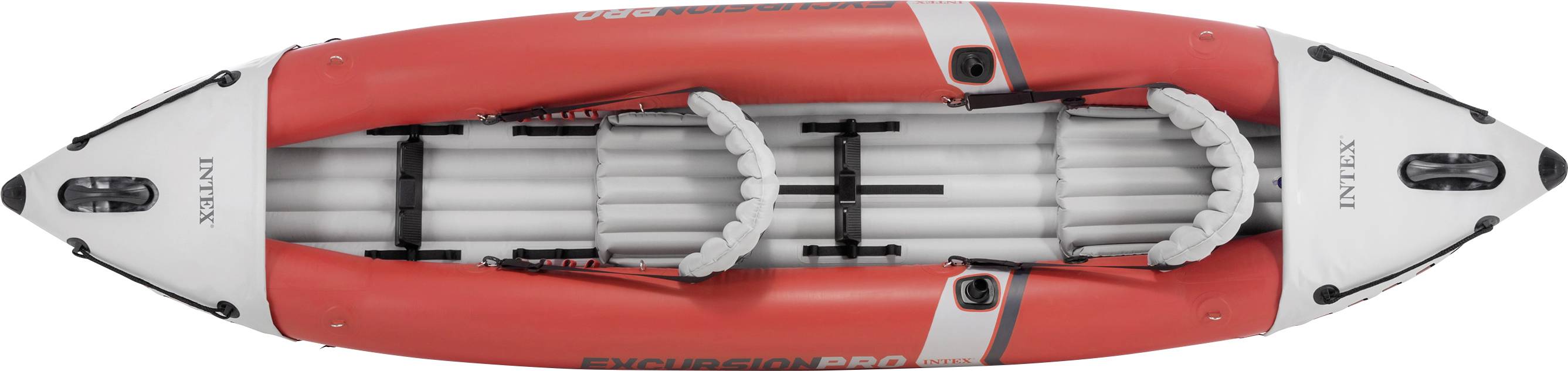 Un kayak gonflable rouge pour deux personnes, vu de dessus. Il dispose de deux sièges et de poignées noires sur les côtés.