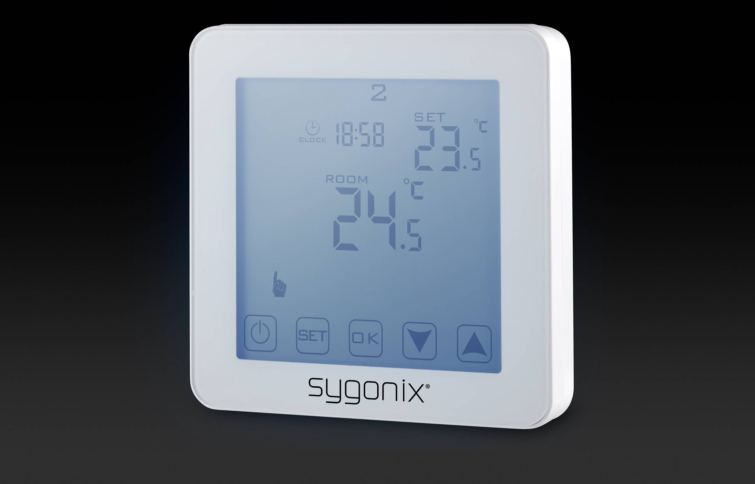 Un thermostat numérique affiche la température ambiante actuelle de 24 °C et la température cible réglée à 23,5 °C sur un écran bleu.
