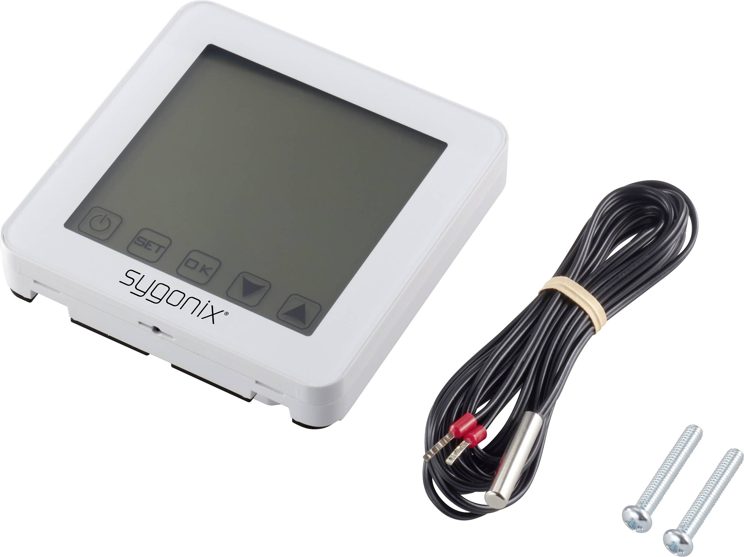 Thermostat numérique blanc avec grand écran, marqué 'sygonix'. Comprend un long câble et deux vis.
