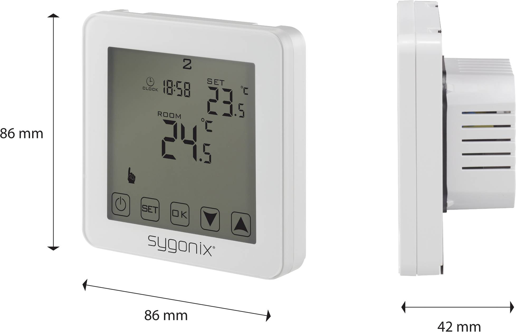 Un thermostat numérique blanc avec affichage LCD, indiquant une température ambiante de 24,5 °C et une température réglée à 23 °C. Dimensions : 86x86x42 mm.