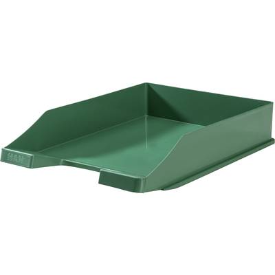 Un bac de rangement vert en plastique, utilisé pour organiser des documents sur un bureau.