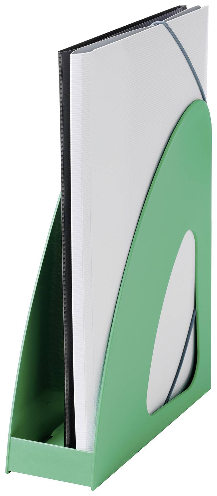 Classeur vert en plastique avec une pochette blanche à l'intérieur. Idéal pour la conservation de documents au bureau ou à la maison.
