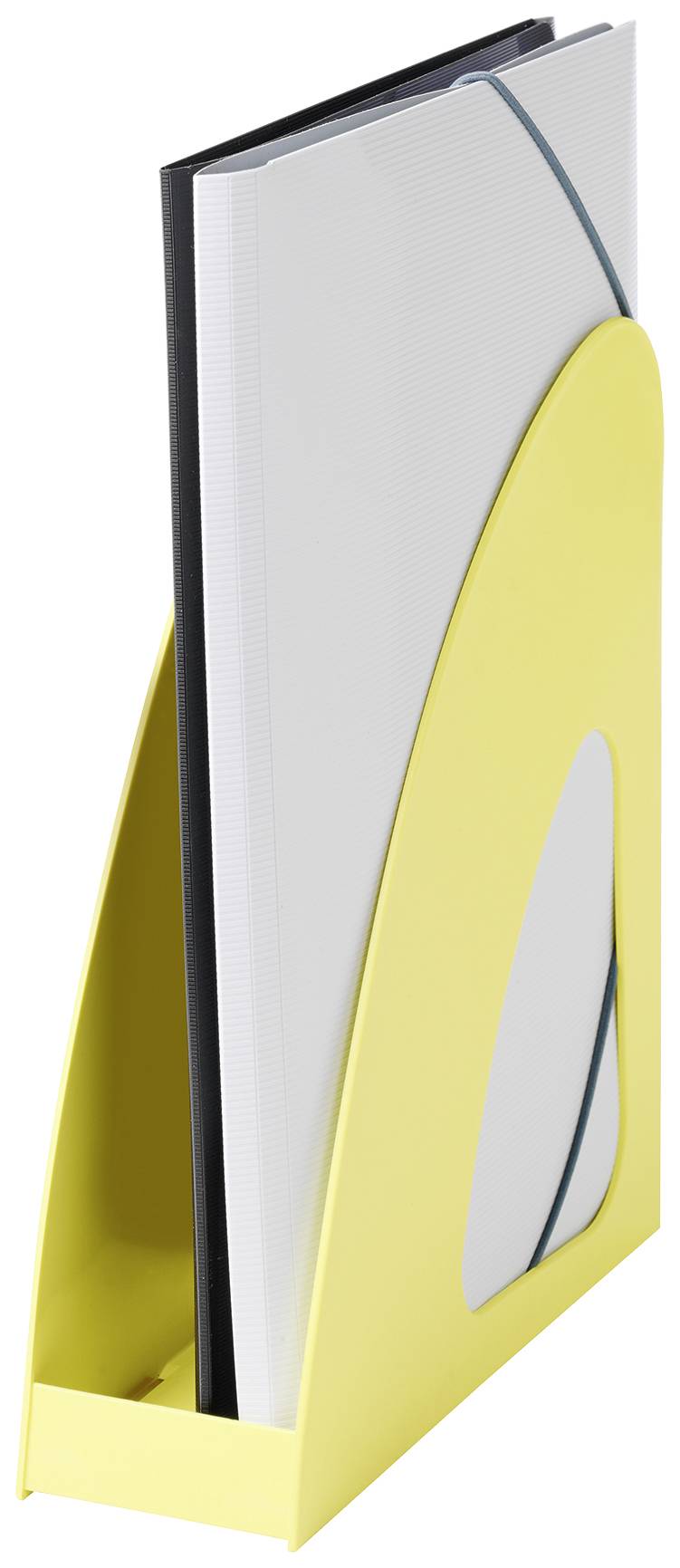 Collectionneur de magazines jaune tenant un magazine ouvert verticalement.