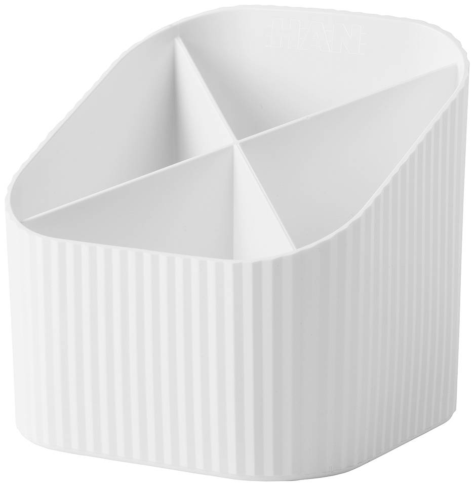 Organisateur blanc rainuré avec trois compartiments pour ranger des objets comme des stylos ou des pinceaux. Idéal pour les bureaux.