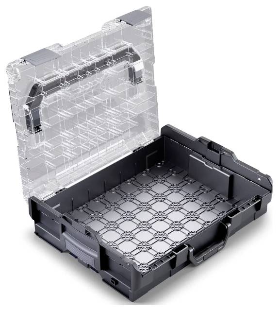 Un étui à outils ouvert, vide, noir et transparent avec une poignée, présentant des motifs quadrillés à l'intérieur, conçu pour organiser des outils ou des pièces.