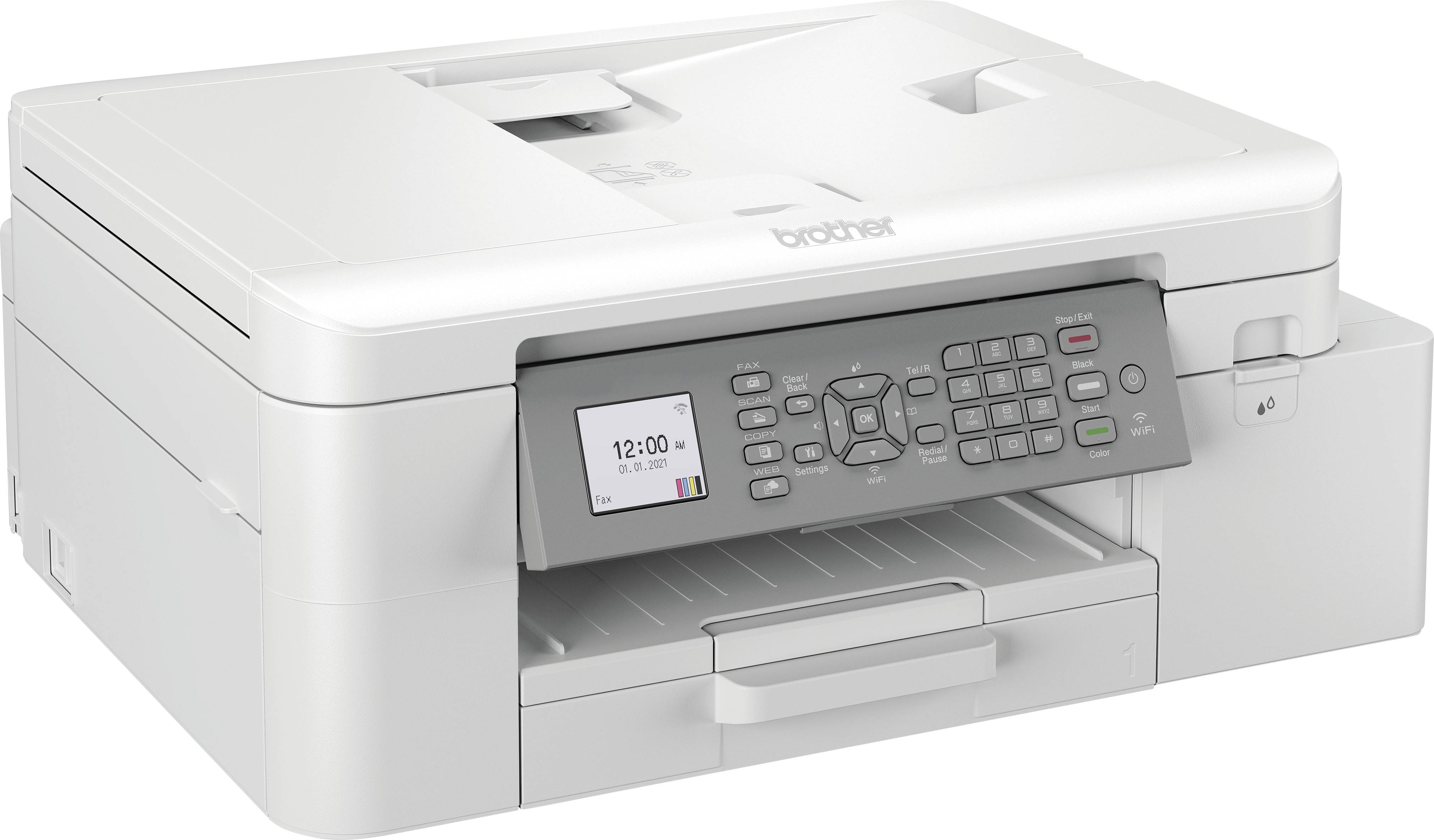 Une imprimante multifonction blanche avec un panneau de commande, un écran et un chargeur de papier. Nom de la marque en haut. Adaptée aux utilisations domestiques et de bureau.