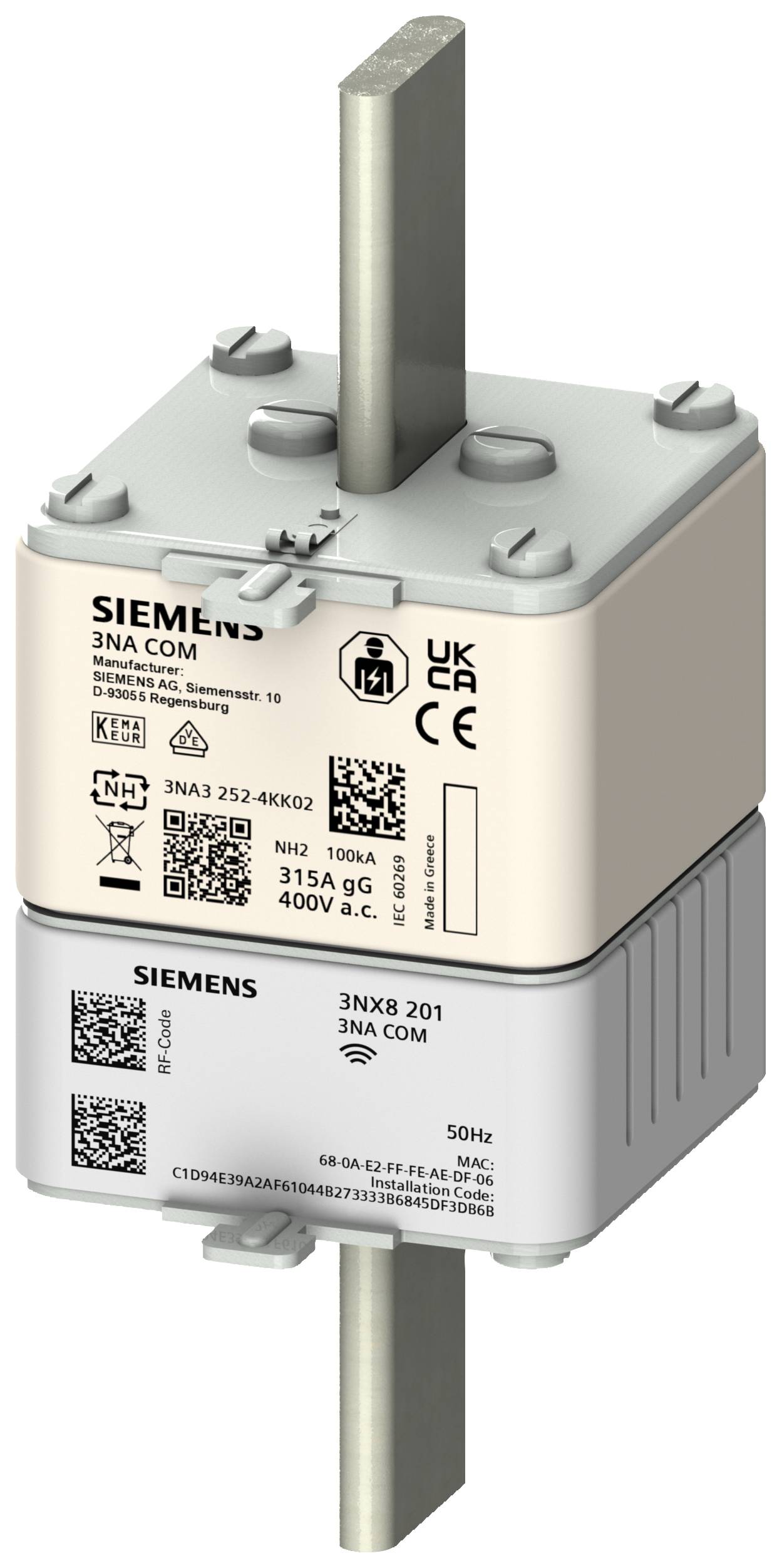 Fusible Siemens NH 3NA3 250, 315A, 400V a.c., avec spécifications techniques, marquage et code QR visibles, pour protection électrique.