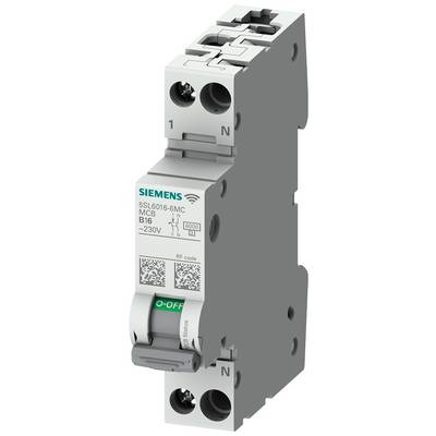 Un disjoncteur gris Siemens (MCB) '5SL6016-6MC' avec une indication verte 'O-OFF' est représenté. Adapté pour 16A, 230V.