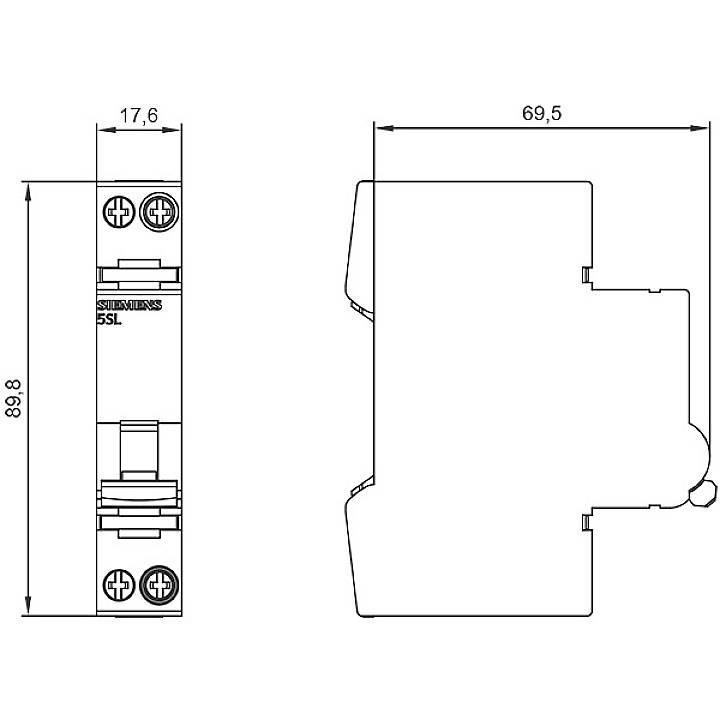 Dessin d'un disjoncteur avec dimensions : largeur 17,6 mm, profondeur 69,5 mm, hauteur 89,8 mm. Vue de face et de côté avec éléments de montage.