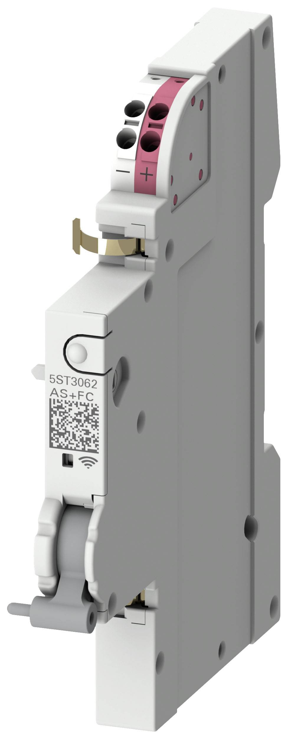 Un composant électrique blanc avec une zone rose et un symbole '+' noir. Avec un code QR et un indicateur Wi-Fi bleu sur l'avant.