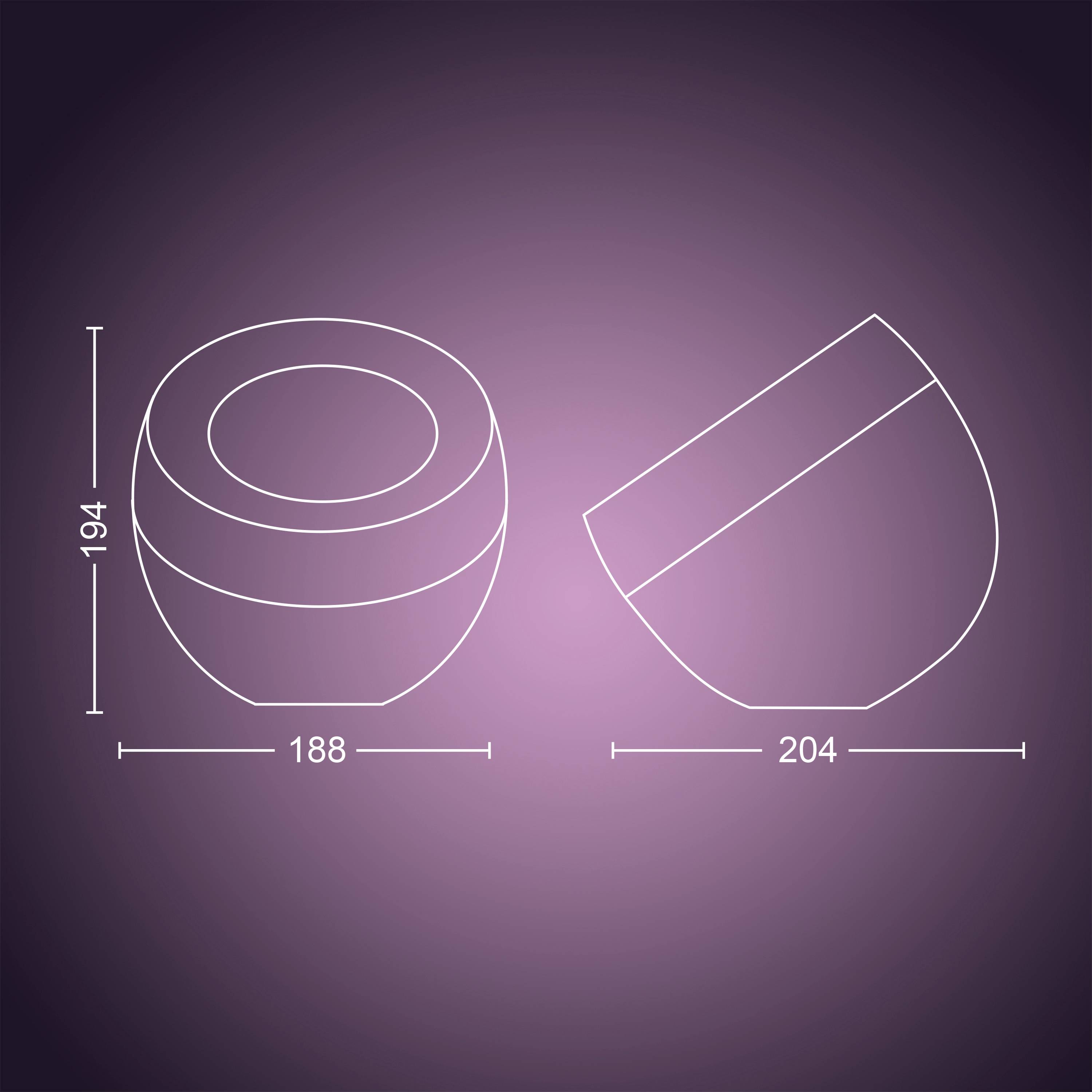 Dessin technique d'un récipient circulaire avec deux vues. Dimensions : hauteur 194 mm, largeur de base 188 mm, largeur totale 204 mm.