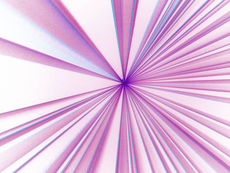 Œuvre d'art abstraite avec des rayons roses et bleus s'étendant dans toutes les directions depuis un point central.