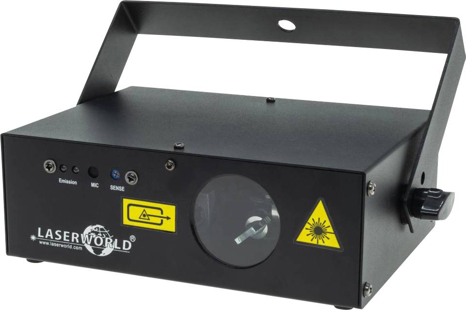 Projecteur laser noir de la marque 'Laserworld' à l'avant, avec une étiquette d'avertissement jaune concernant le rayonnement laser et une poignée en haut.