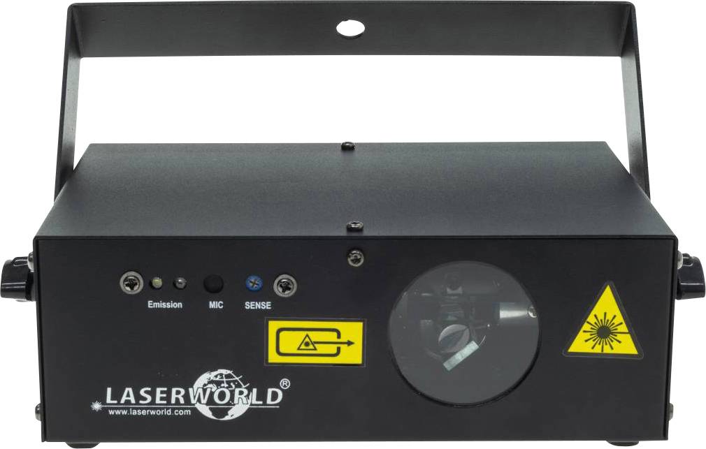 Un projecteur laser noir avec des logos et des signes d'avertissement sur l'avant. Il est doté de commandes et d'un support.