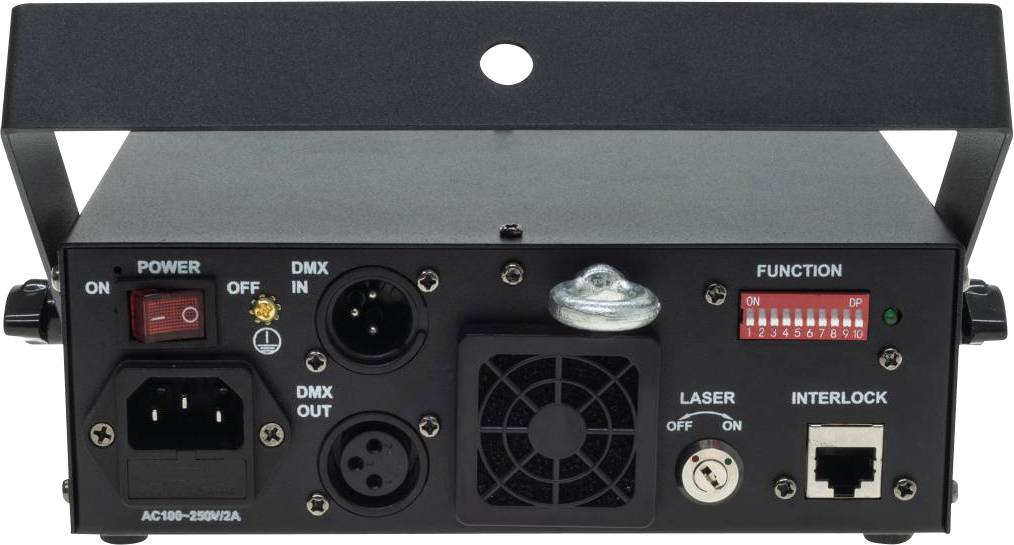 Dos d'un appareil électrique avec des interrupteurs d'alimentation, des connexions DMX, des réglages de fonction et des diodes de contrôle laser.