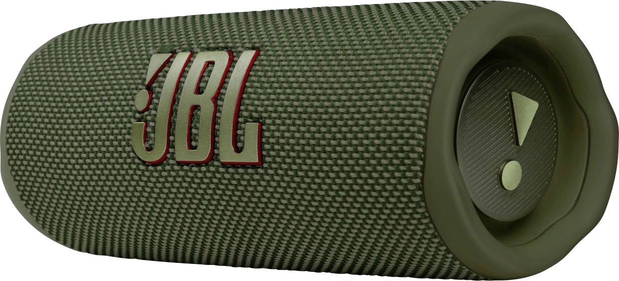 Enceinte portable verte avec surface en maille et grand logo sur le côté. Touches visibles sur le dessus. Idéal pour écouter de la musique en déplacement.