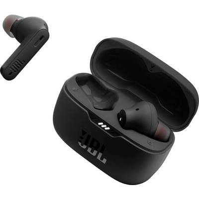 Écouteurs sans fil noirs intra-auriculaires dans un boîtier de charge ouvert. Le logo de la marque est inscrit sur le boîtier.