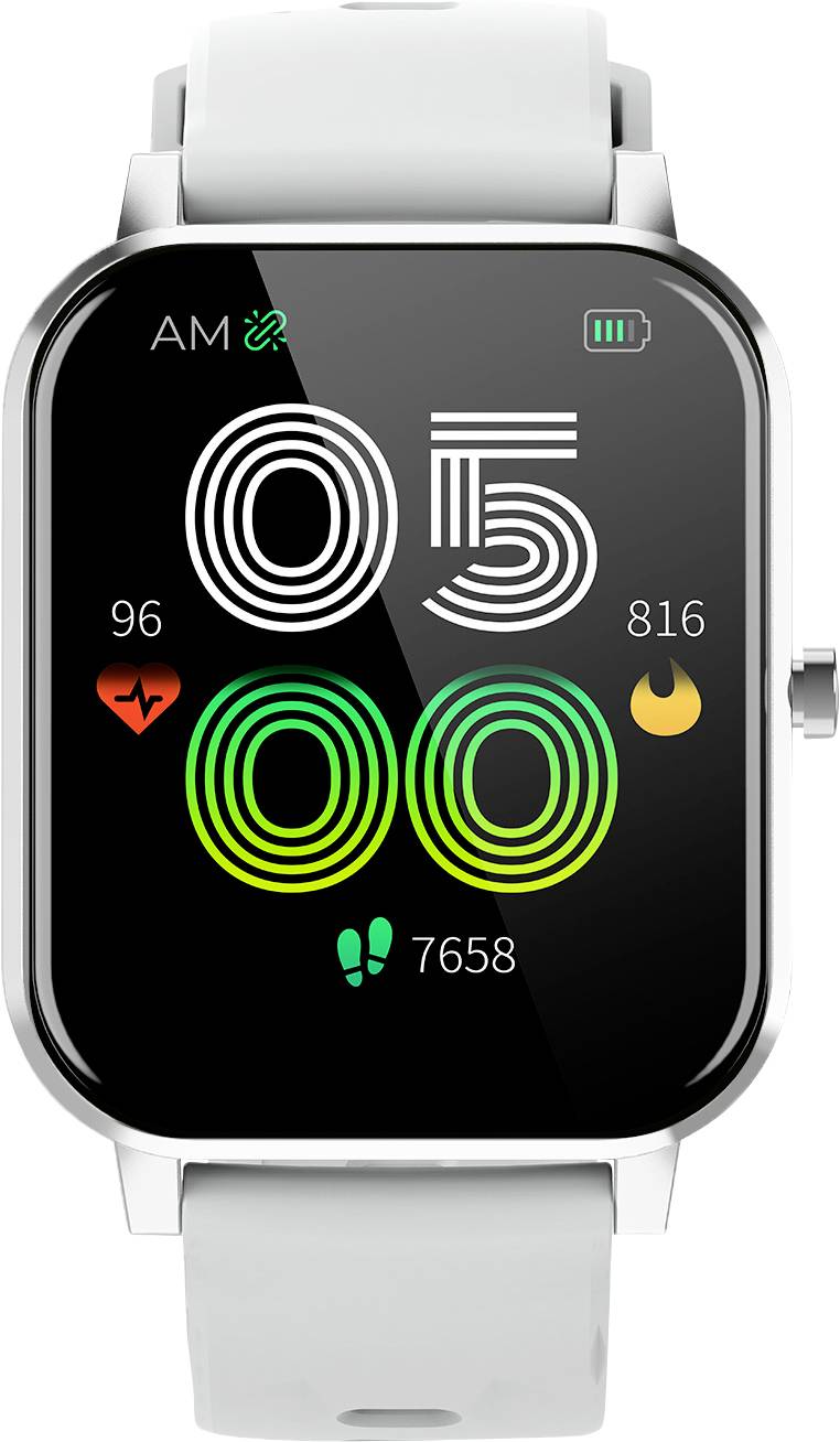 Une montre connectée à écran noir et blanc affiche l'heure '05:00', fréquence cardiaque '96', pas '7658', calories brûlées '816'.