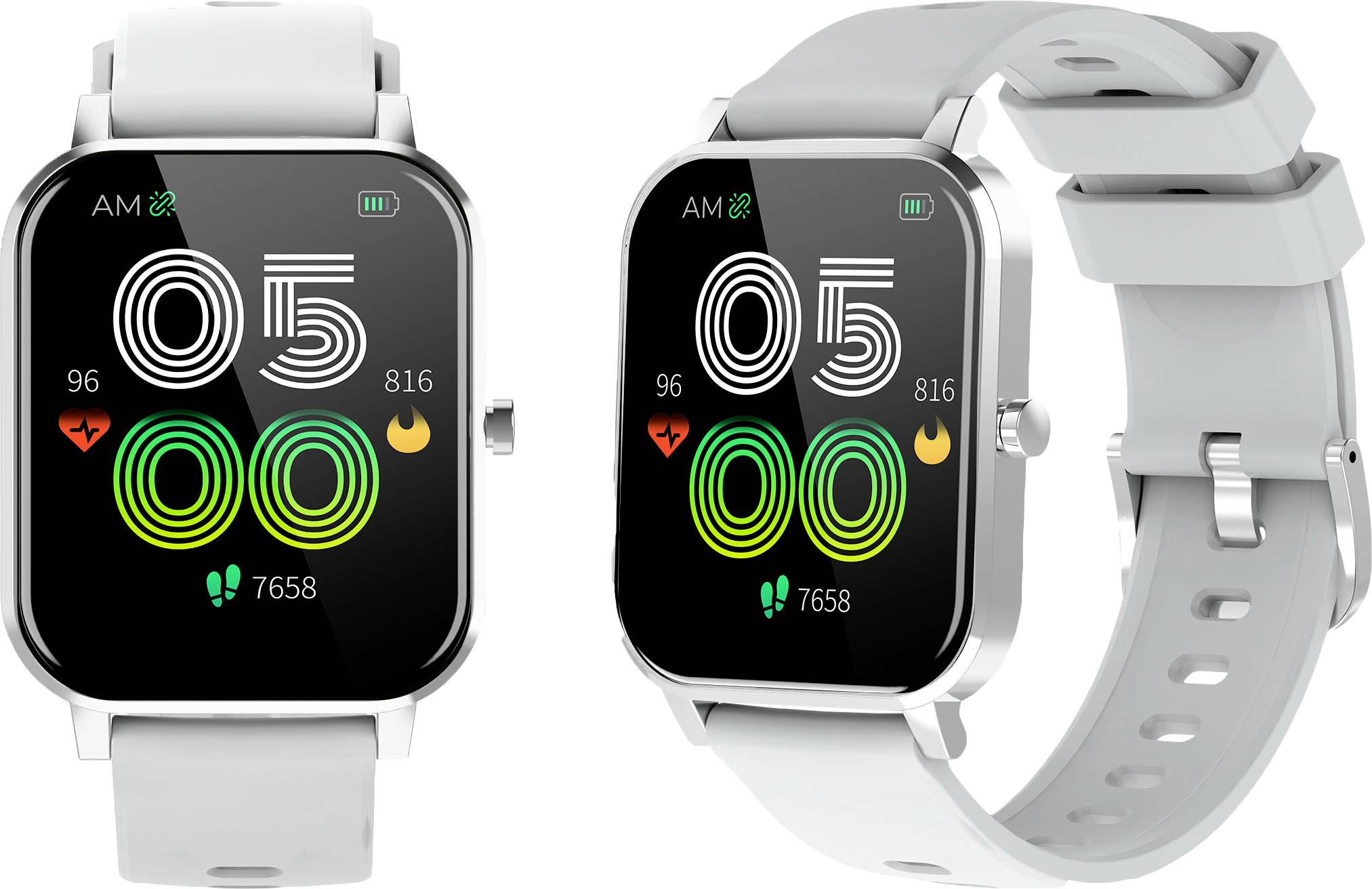 Deux montres connectées grises avec affichage numérique montrent l'heure (05:00), la fréquence cardiaque (96), les calories (816) et les pas (7658).