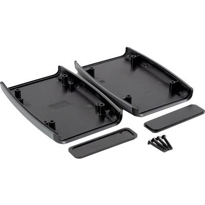 Deux supports en plastique noir avec des vis sur un fond blanc. Ils sont destinés à la montage ou à la fixation.