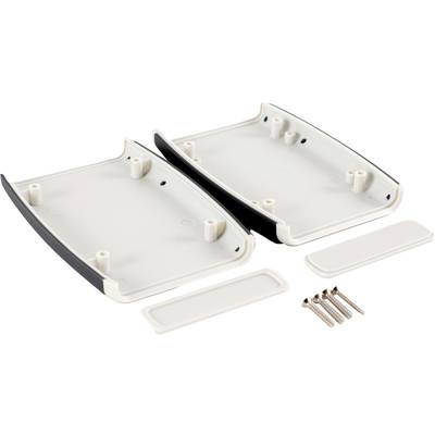 Deux moitiés de boîtier en plastique blanc identiques sont ouvertes, avec quatre vis métalliques et deux couvercles à côté.