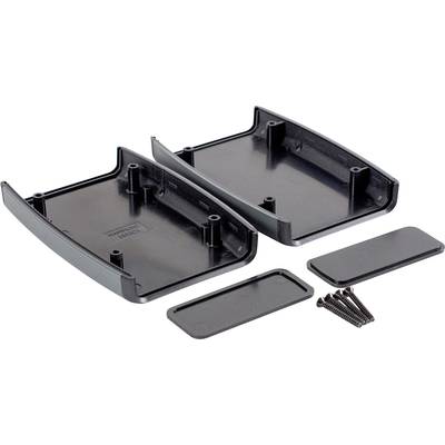 Deux cache-poussières noirs en plastique avec leurs vis correspondantes et de petits couvercles rectangulaires, probablement des composants d'un support.